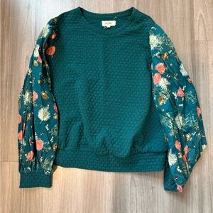 Anthropologie Teal Honeycomb Top with Floral Sleeves